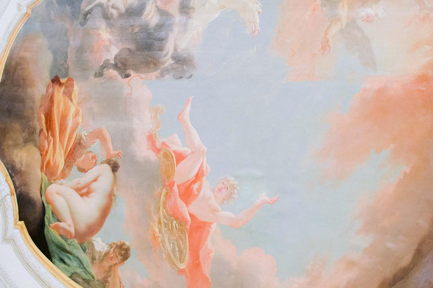 Painted historic ceiling inside a salon at Villa Ephrussi de Rothschild